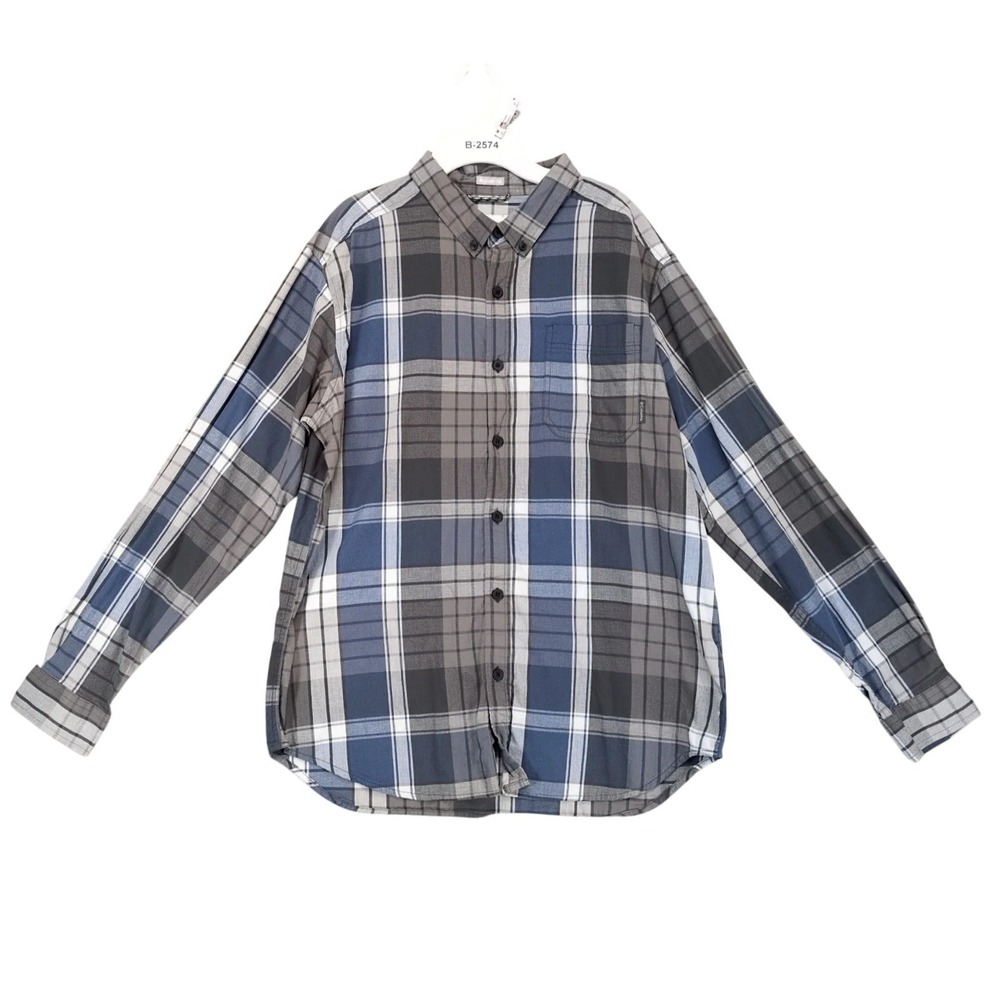 Columbia Gray Blue Plaid Stretch Button Shirt Mens L Regular Fit Gorpcore Hiking
